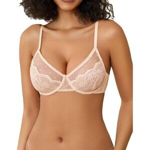 Women's Champagne Lace Balco nette Underwire Unlined Sheer Lingerie Bra